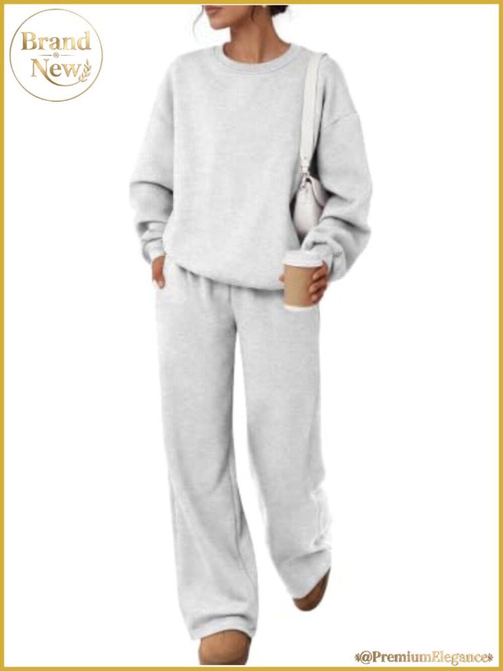 2 Piece Sweatsuit Set Heavyweight Cotton Blend Fleece Lined Crewneck & Wide Leg